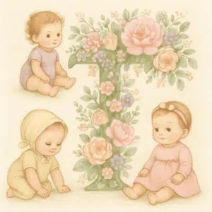 Bogstavet T i blomsterdesign omgivet af baby piger i pasteltoner som inspiration til pigenavne, der starter med T
