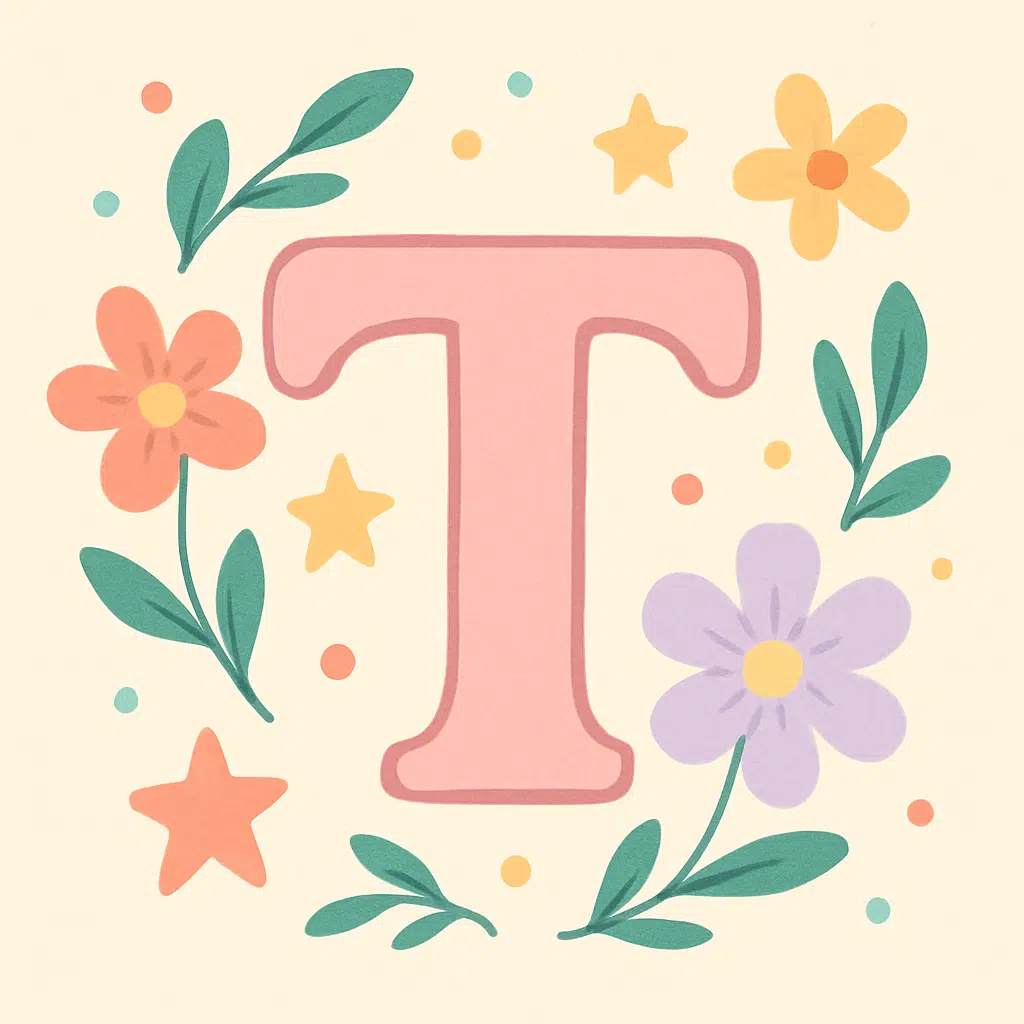 Bogstavet T i blomsterdesign omgivet af baby piger i pasteltoner som inspiration til pigenavne, der starter med T
