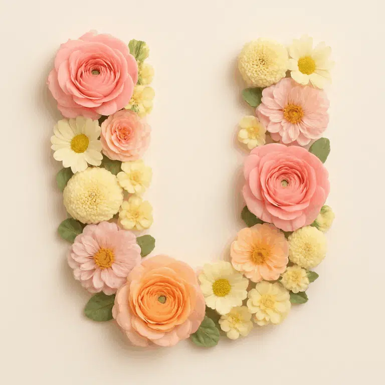Stor blomsterbesat U-bogstav på lys baggrund, der illustrerer unikke pigenavne der starter med U