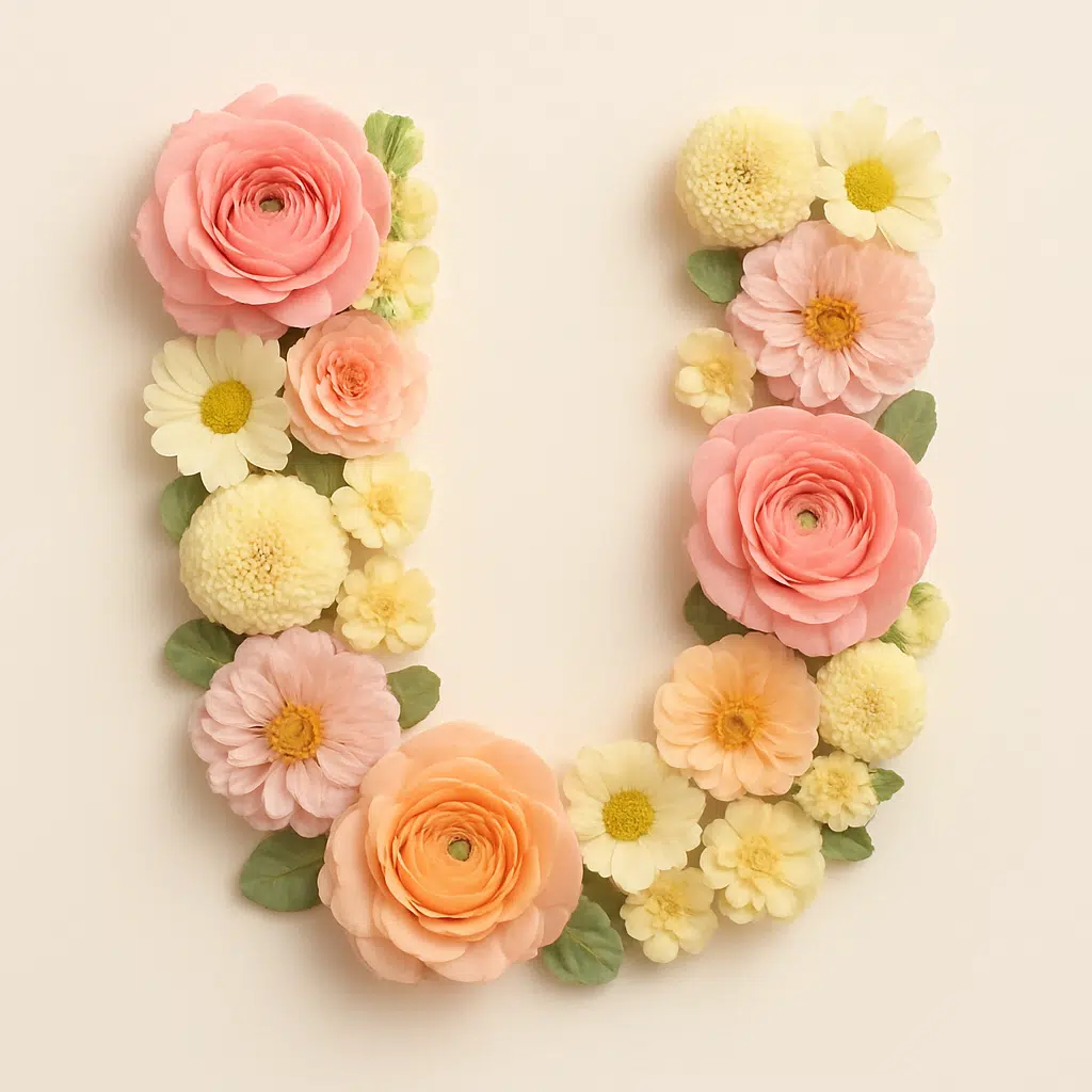 Stor blomsterbesat U-bogstav på lys baggrund, der illustrerer unikke pigenavne der starter med U