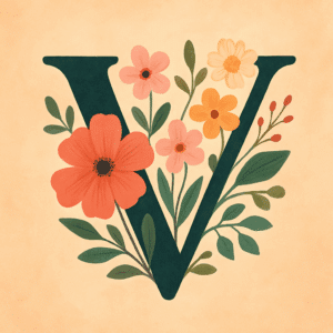 Illustration af bogstavet V dekoreret med blomster som symbol på unikke, moderne pigenavne fra Vega til Valentina