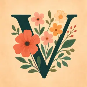 Illustration af bogstavet V dekoreret med blomster som symbol på unikke, moderne pigenavne fra Vega til Valentina