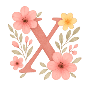Pastelbaggrund med dekorativt bogstav X omgivet af blomster, symboliserer pigenavne der starter med X som Xenia og Xanthe.