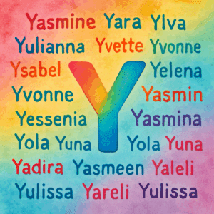 Farverigt bogstav Y omgivet af forslag til 25 unikke pigenavne som Yasmine, Yara og Ylva