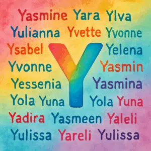 Farverigt bogstav Y omgivet af forslag til 25 unikke pigenavne som Yasmine, Yara og Ylva