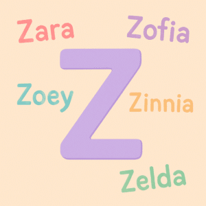 Illustration af bogstavet Z i pastelfarver omgivet af pigenavne som Zara, Zofia og Zinnia