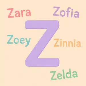 Illustration af bogstavet Z i pastelfarver omgivet af pigenavne som Zara, Zofia og Zinnia