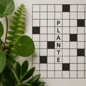 Nærbillede af grønne planter ved siden af et krydsord med planteord og løsningsforslag