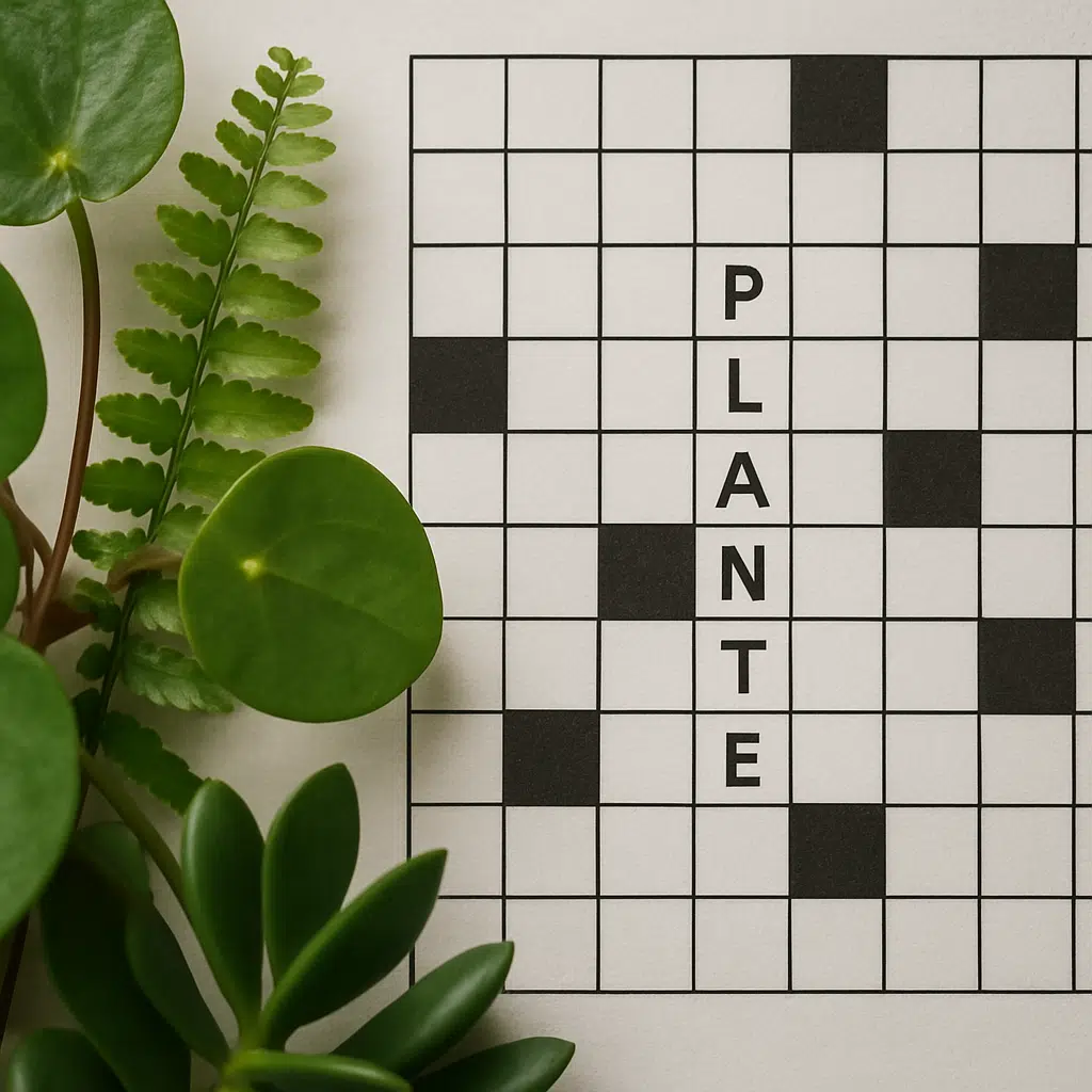 Nærbillede af grønne planter ved siden af et krydsord med planteord og løsningsforslag
