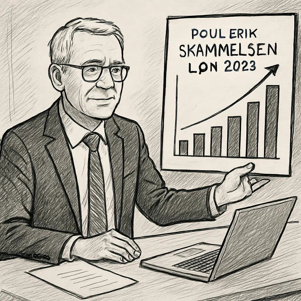 Poul Erik Skammelsen foran en skærm med opdaterede løntal for 2023 – sammenligning med branchegennemsnit
