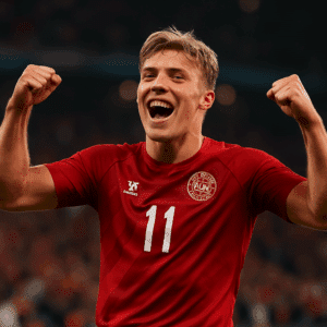 Rasmus Højlund jubler efter scoring for Danmarks landshold iført den røde hjemmetrøje på stadion.
