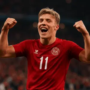 Rasmus Højlund jubler efter scoring for Danmarks landshold iført den røde hjemmetrøje på stadion.