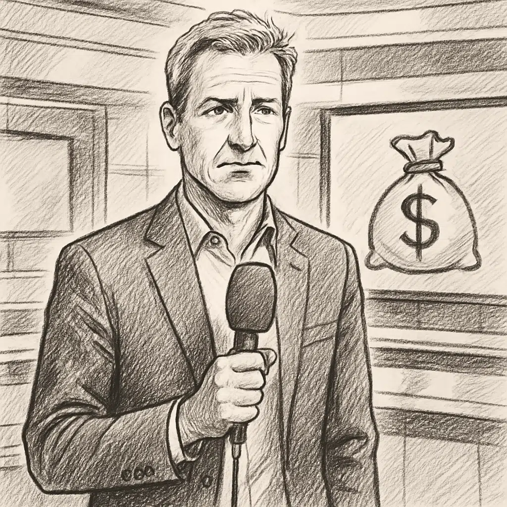 Rasmus Tantholdt står med mikrofon i TV 2-studie og symboliserer artikel om Rasmus Tantholdt løn.