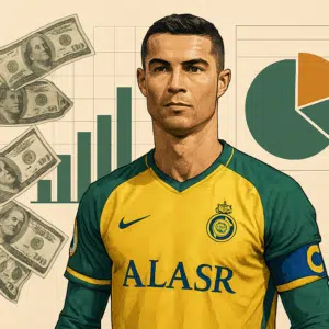 Cristiano Ronaldo i klubtrøje med sedler og diagrammer, der illustrerer Ronaldo løn og bonusser i 2024