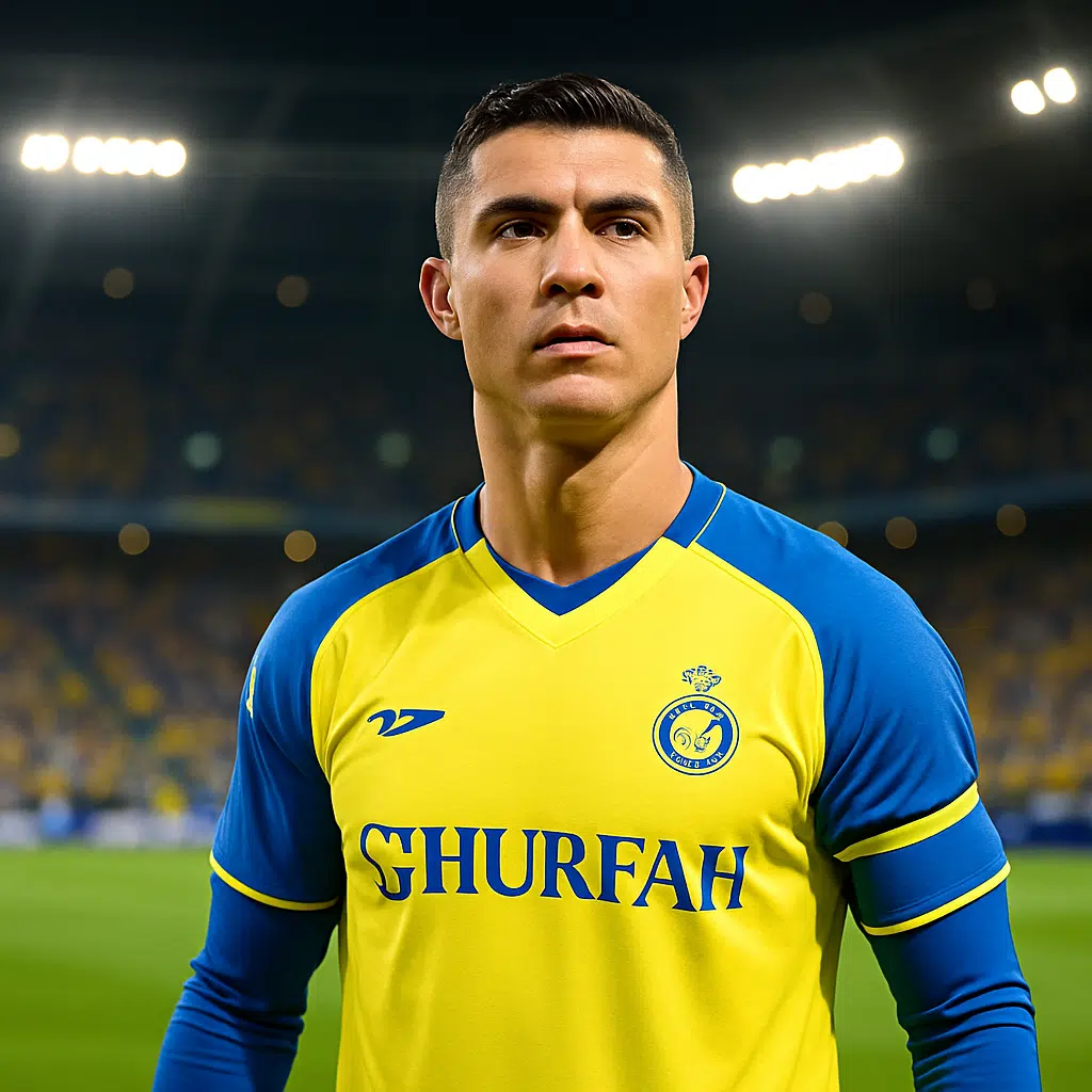 Cristiano Ronaldo i klubtrøje med sedler og diagrammer, der illustrerer Ronaldo løn og bonusser i 2024