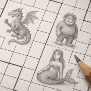 Nærbillede af krydsord med sagnfigurer som drage, trold og havfrue skrevet med blyant