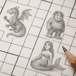 Nærbillede af krydsord med sagnfigurer som drage, trold og havfrue skrevet med blyant