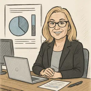 Portræt af Søs Marie Serup siddende ved sit skrivebord med infografik, der illustrerer hendes løn i 2023.