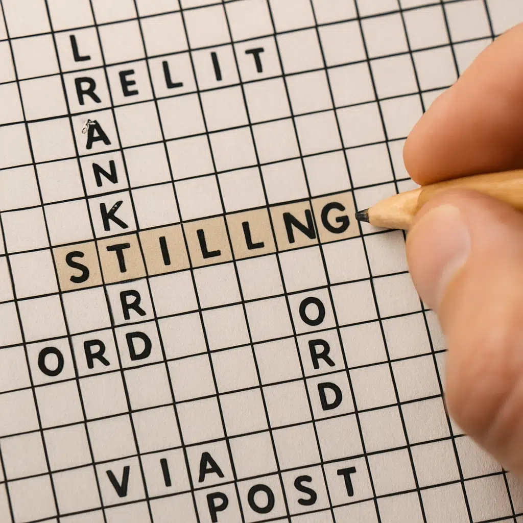 Hånd løser krydsord med blyant, ordet "stilling" fremhævet og omgivet af skarpe synonymer