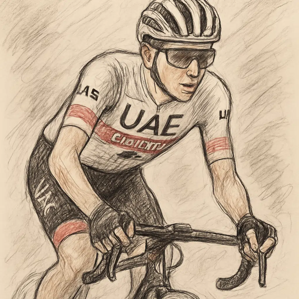 Tadej Pogačar i UAE Team Emirates-trøje i aktion under et cykelløb i 2024.