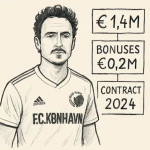 Thomas Delaney i F.C. København-trøje med fokus på hans årsløn, bonusser og kontraktvilkår 2024