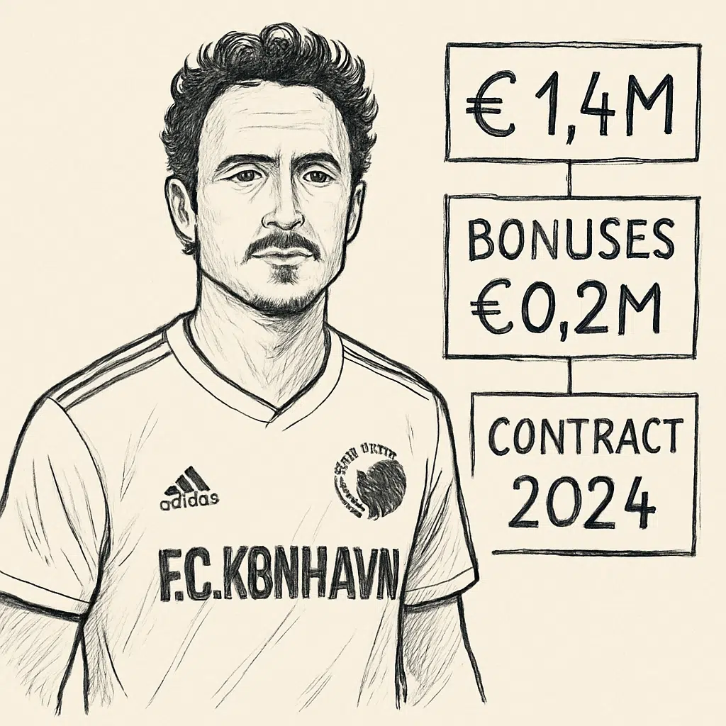 Thomas Delaney i F.C. København-trøje med fokus på hans årsløn, bonusser og kontraktvilkår 2024