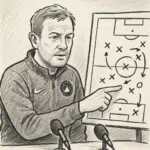 FCM-træner Thomas Thomasberg i klubtøj peger på taktiktavle under pressemøde om sin løn og kontraktdetaljer for 2024