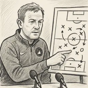 FCM-træner Thomas Thomasberg i klubtøj peger på taktiktavle under pressemøde om sin løn og kontraktdetaljer for 2024