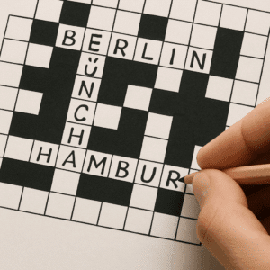 Hånd, der skriver tyske bynavne som Berlin, München og Hamburg i krydsord.