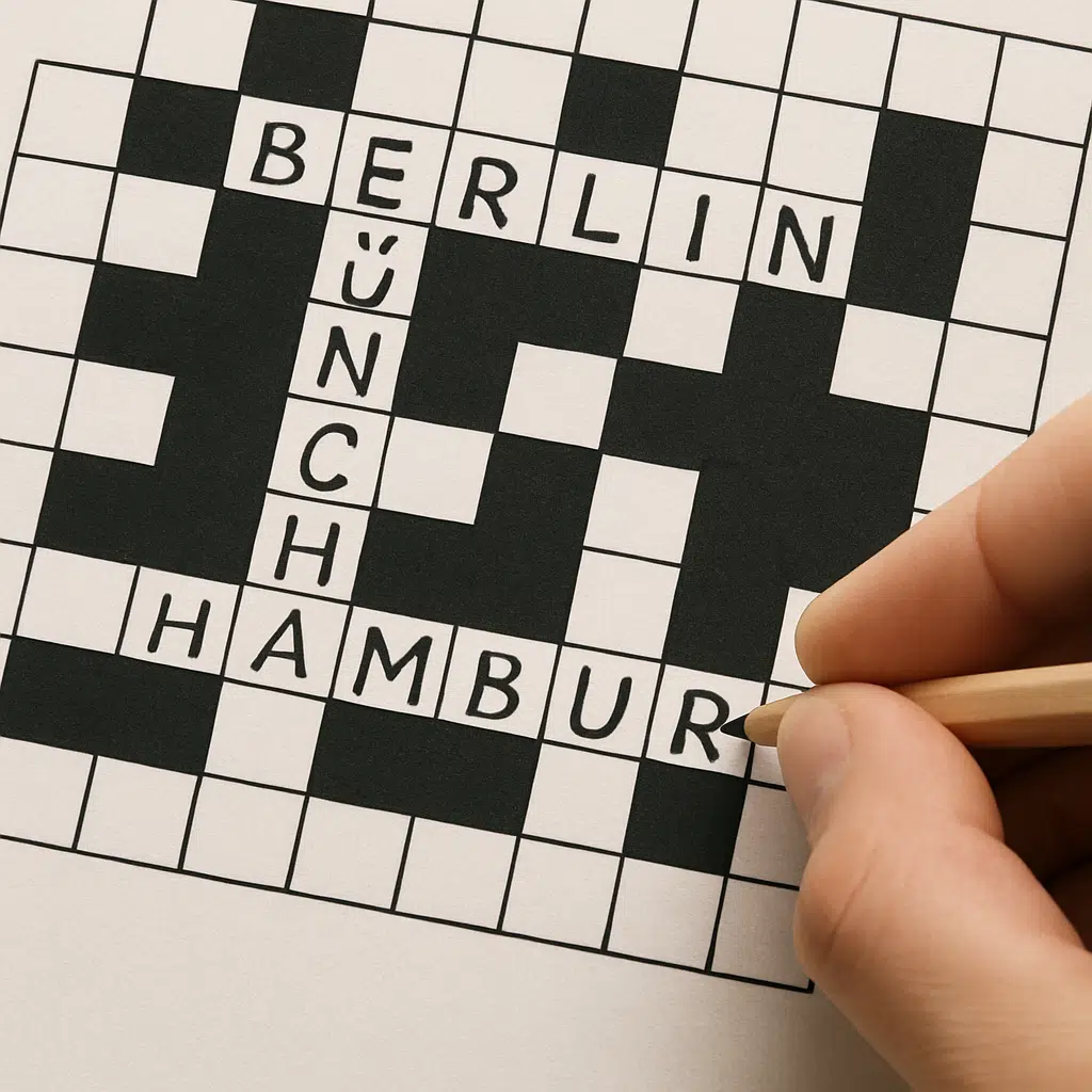 Hånd, der skriver tyske bynavne som Berlin, München og Hamburg i krydsord.