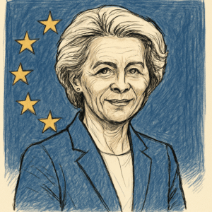 Ursula von der Leyen i blå blazer foran EU-flag – portræt om hendes løn som EU-Kommissionsformand 2024