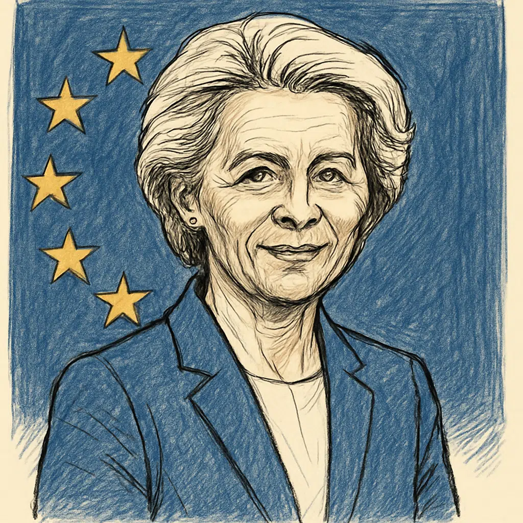 Ursula von der Leyen i blå blazer foran EU-flag – portræt om hendes løn som EU-Kommissionsformand 2024