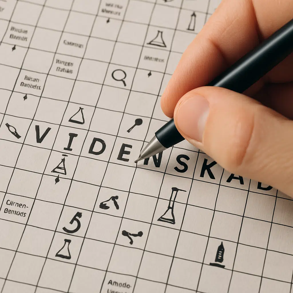 Hånd skriver i krydsord med ordet videnskab i fokus og forskningsrelaterede ledetråde
