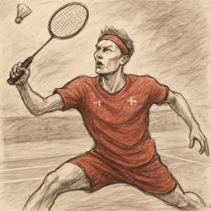 Viktor Axelsen i rød dansk landsholdstrøje, svinger ketcher i intens badmintonkamp på banen.