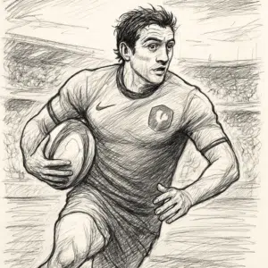 Vincent Clerc iført Frankrigs landsholdstrøje med rugbybold i hånden under kamp på stadion.