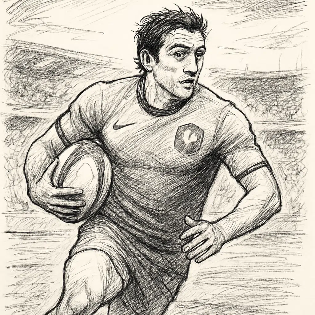 Vincent Clerc iført Frankrigs landsholdstrøje med rugbybold i hånden under kamp på stadion.