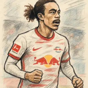 Yussuf Poulsen i rød-hvid RB Leipzig-trøje under en Bundesliga-kamp – illustrerer artikel om hans løn og kontrakt.