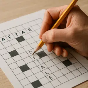 Person løser aftale-krydsord ved at skrive synonymer til aftale med blyant på papir