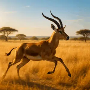 Antilope i fuld galop på soloplyst savanne med gyldent græs og blå himmel