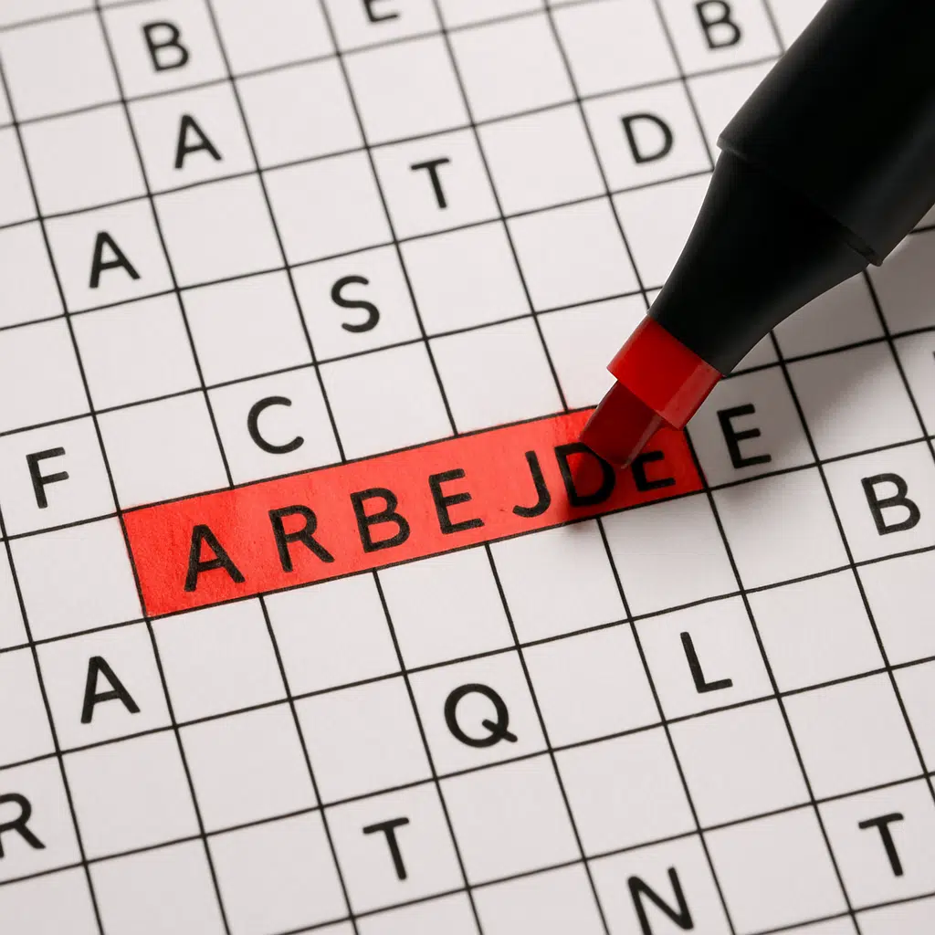 Krydsord med ordet arbejde fremhævet med pen, klar til at finde synonymer og løsningsord