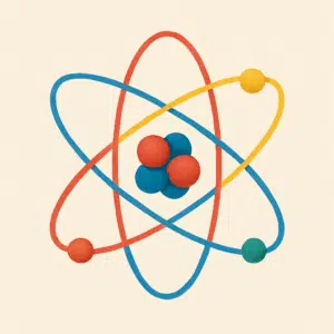 Flerfarvet atommodel med elektronbaner, symboliserer kemiens mindste byggesten i krydsord