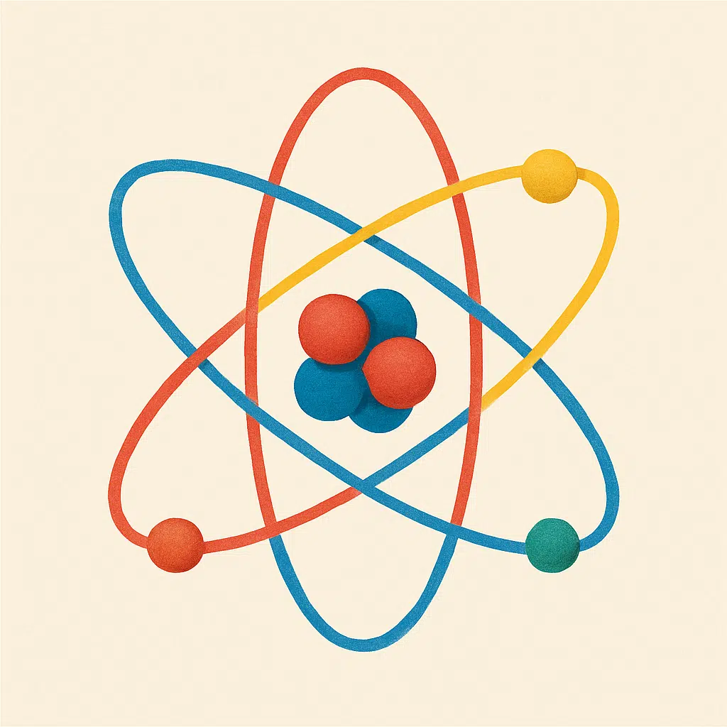 Flerfarvet atommodel med elektronbaner, symboliserer kemiens mindste byggesten i krydsord