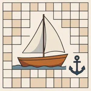 Grafik af båd omgivet af krydsordsfelter med maritime ord som skib, mast og anker