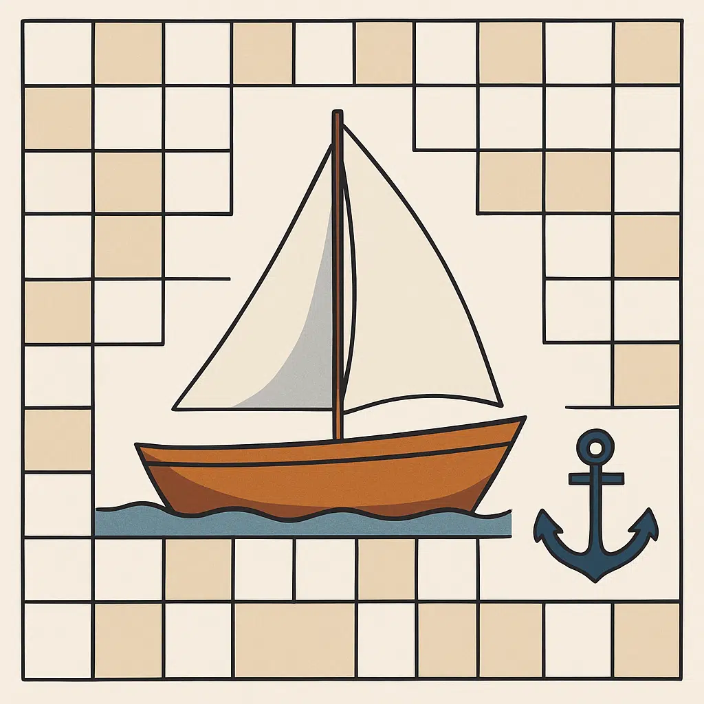 Grafik af båd omgivet af krydsordsfelter med maritime ord som skib, mast og anker
