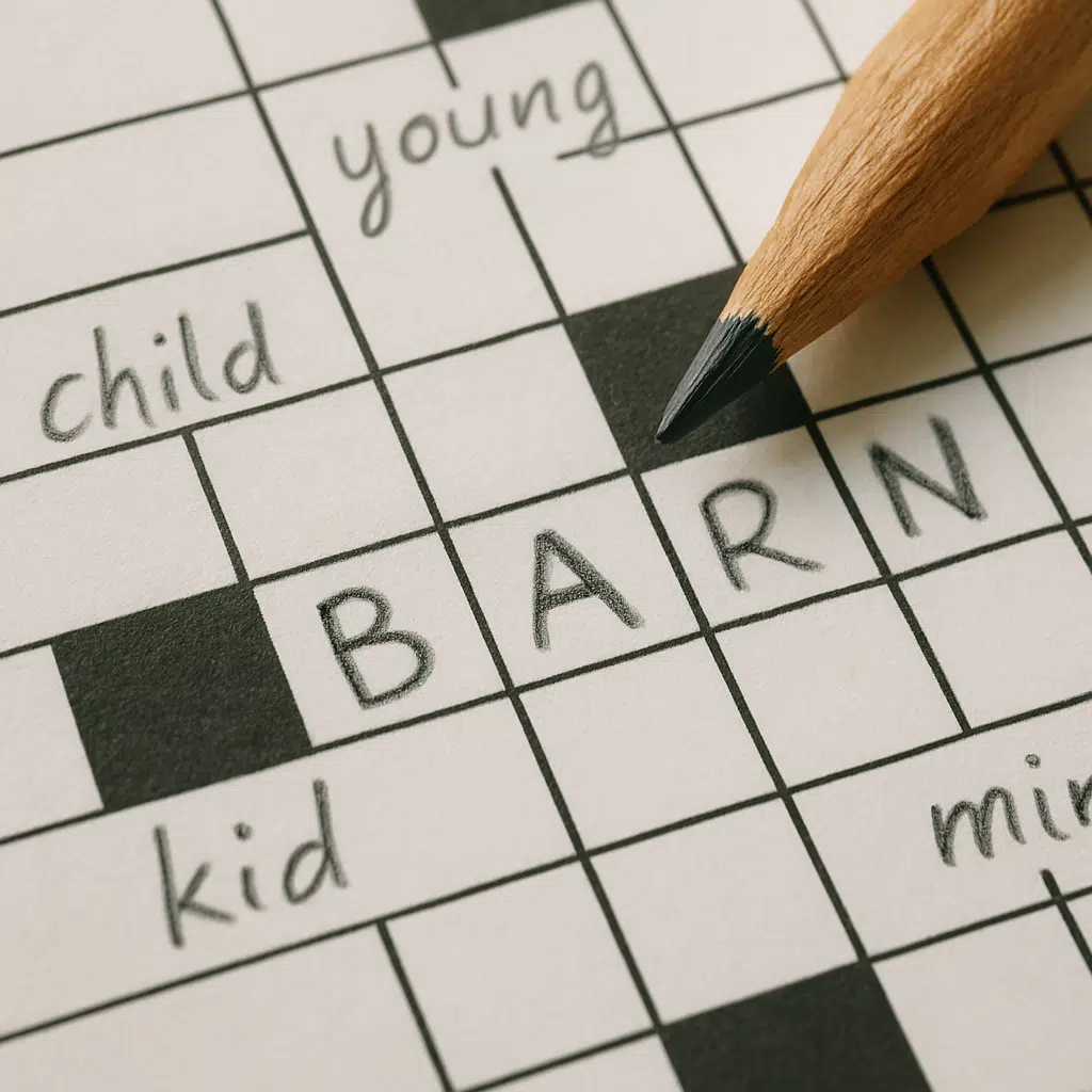 Nærbillede af krydsord med ordet barn, blyant, synonymer og løsningsforslag på papir