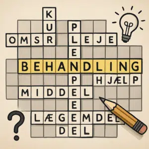 Illustration af krydsord med ordet behandling fremhævet, symboliserer synonymer og løsningsforslag