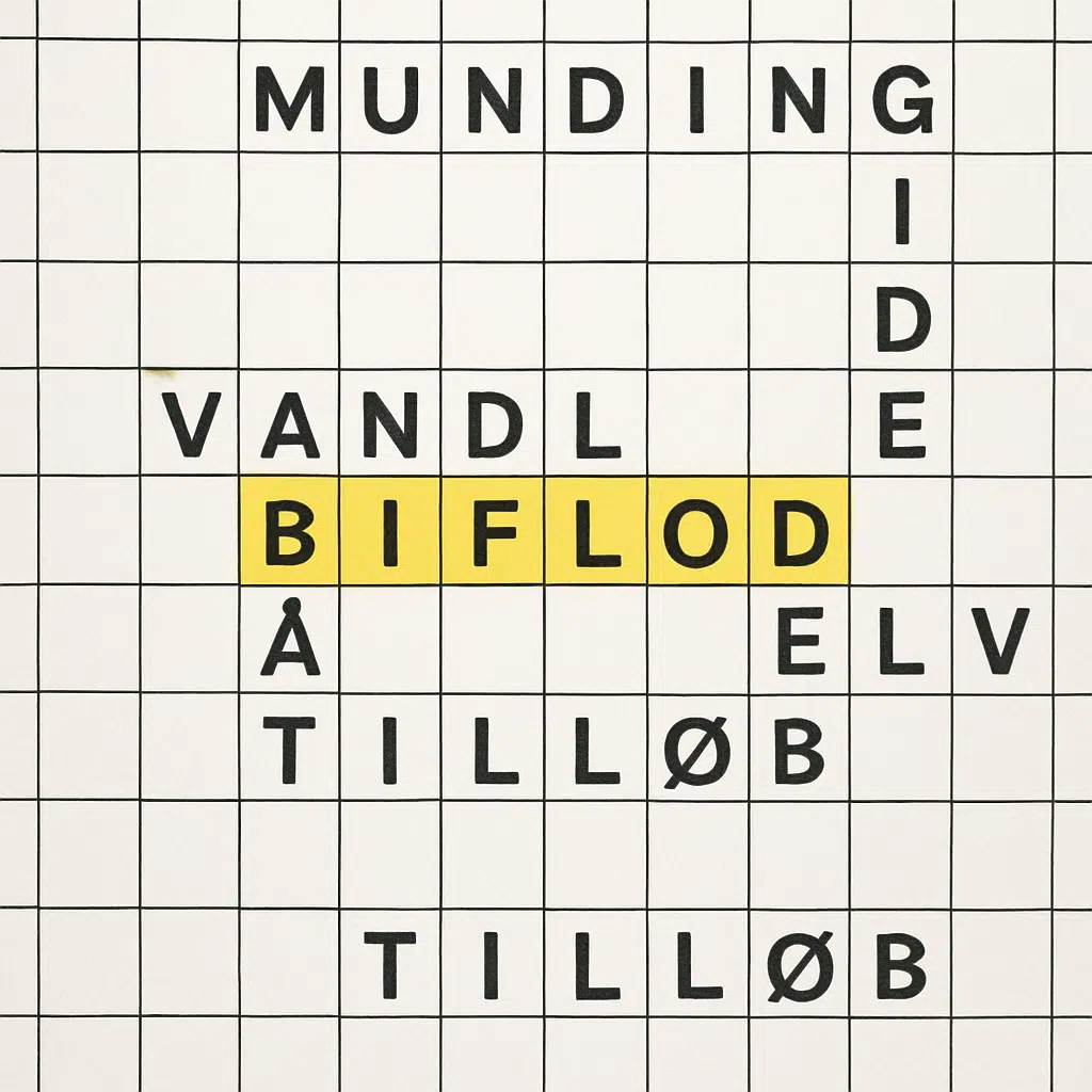 Krydsordspuslespil med ordet ’biflod’ fremhævet og forslag til synonymer og løsninger