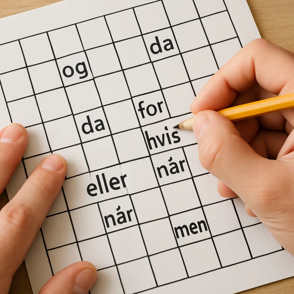 Hænder løser krydsord med blyant, fokus på danske bindeord i felterne