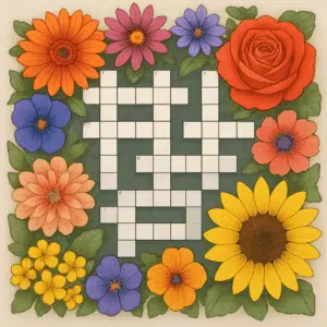 Krydsord med blomstermotiver: farverige blomster omkranser blomsterord og ledetråde