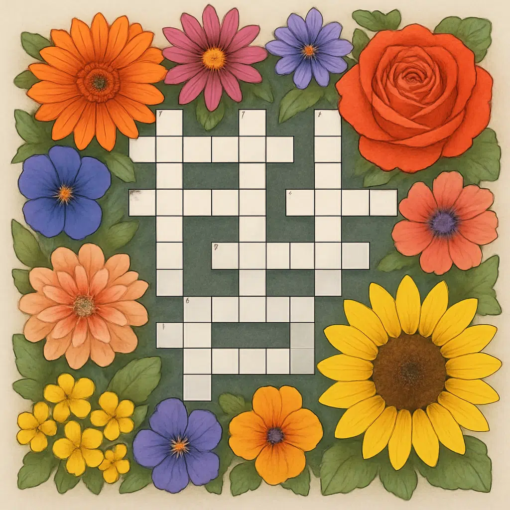 Krydsord med blomstermotiver: farverige blomster omkranser blomsterord og ledetråde
